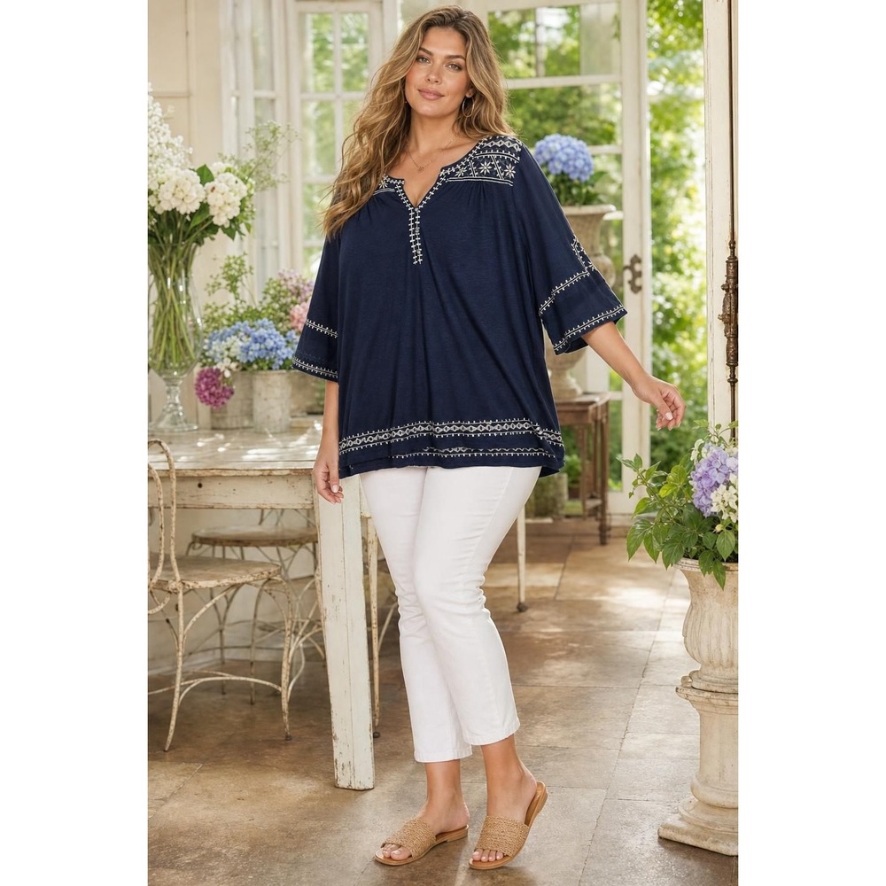 Lucky Brand Embroidered Tunic Top Women's 2X Navy Boho Peasant Western